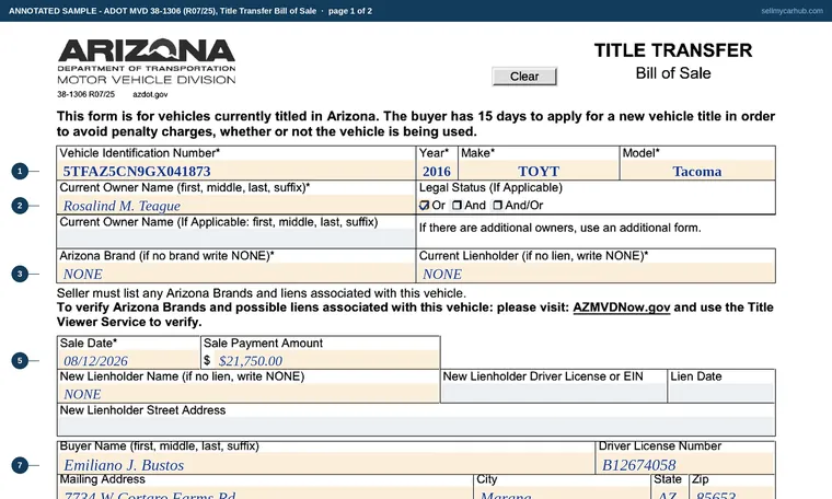 Top of page 1 of our filled-in example of Arizona 38-1306, Title Transfer Bill of Sale