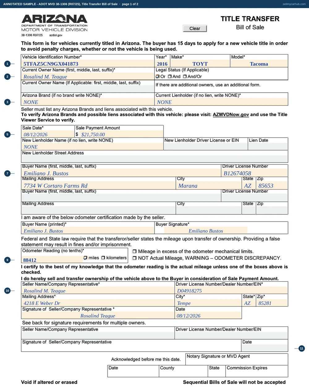 The Arizona Title Transfer Bill of Sale, form 38-1306, completed for a 2016 Toyota Tacoma: the current owner shown as Rosalind M. Teague with the Or legal status ticked, NONE written for both the Arizona brand and the current lienholder, a sale date of 08/12/2026 and a payment of 21,750 dollars, the buyer Emiliano J. Bustos with a Marana address, an odometer reading of 88,412 with the miles box ticked, and the seller block signed and dated with the notary or MVD agent panel below it left blank.