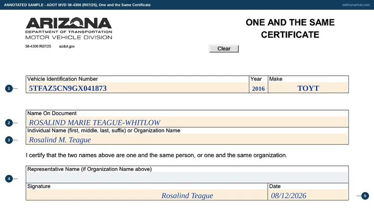 Top of our filled-in example of Arizona 38-4306, One and the Same Certificate