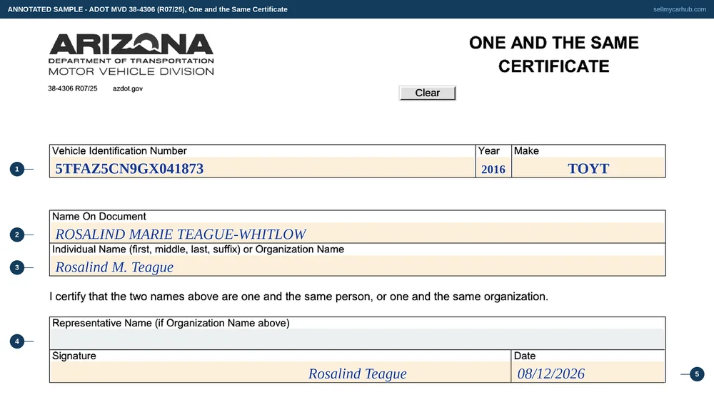The Arizona One and the Same Certificate, form 38-4306, completed for a 2016 Toyota Tacoma, showing the name on the document as Rosalind Marie Teague-Whitlow and the individual name as Rosalind M. Teague, with the representative line blank and a signature and date of 08/12/2026 at the foot.