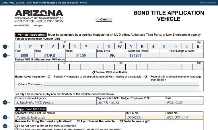 Top of our filled-in example of Arizona 40-1001, Bond Title Application - Vehicle