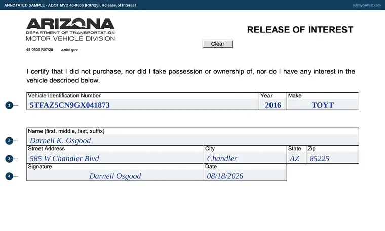Top of our filled-in example of Arizona 46-0306, Release of Interest
