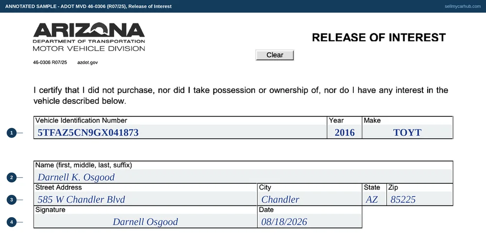 The Arizona Release of Interest, form 46-0306, signed by Darnell K. Osgood of Chandler releasing any interest in a 2016 Toyota Tacoma, with the vehicle identification number, year and make filled in, a street address, and a signature and date of 08/18/2026.