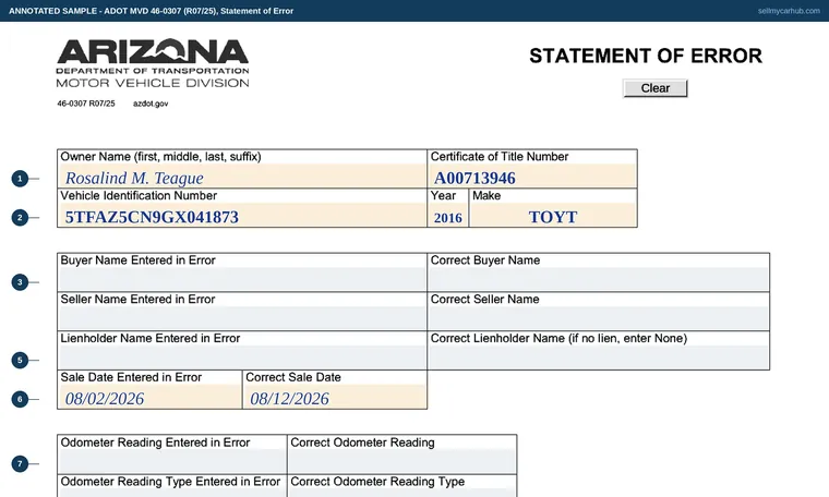 Top of our filled-in example of Arizona 46-0307, Statement of Error