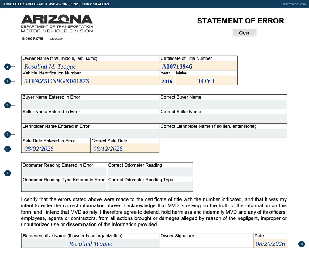 The Arizona Statement of Error, form 46-0307, completed by Rosalind M. Teague for a 2016 Toyota Tacoma, showing a sale date entered in error of 08/02/2026 corrected to 08/12/2026, the buyer, seller and lienholder rows left blank, and the owner's signature and date at the foot.