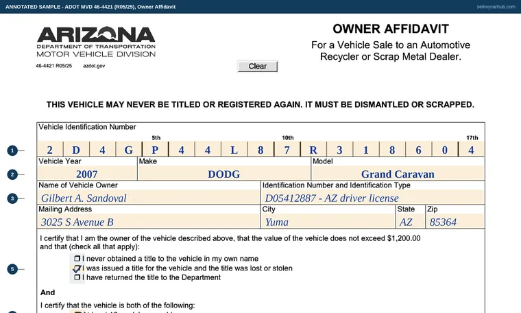 Top of our filled-in example of Arizona 46-4421, Owner Affidavit