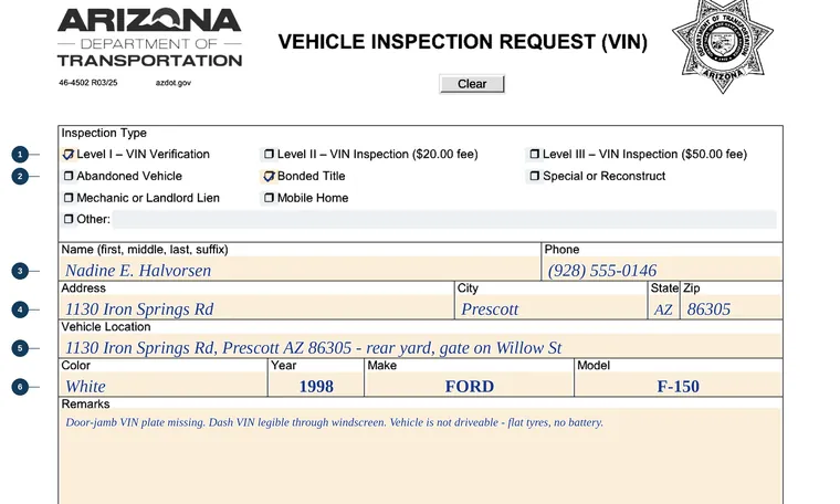 Part of our filled-in example of Arizona 46-4502, Vehicle Inspection Request (VIN), showing the filled-in entries