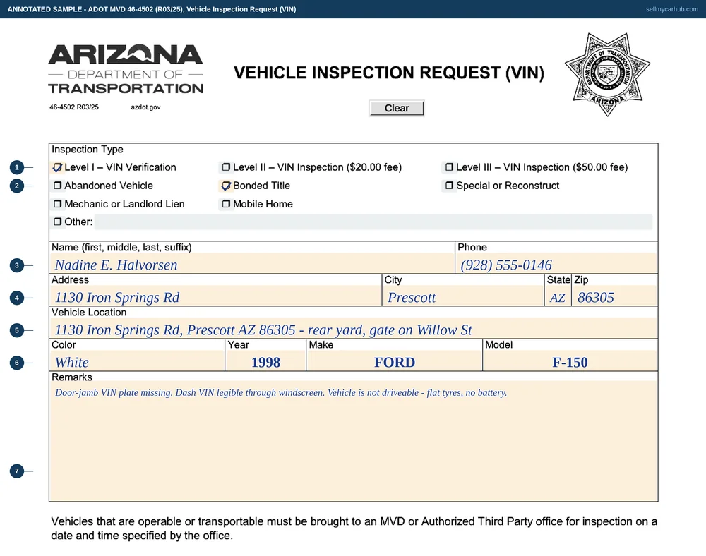 The Arizona Vehicle Inspection Request, form 46-4502, with the Level I VIN Verification box ticked and the Bonded Title reason box marked, requested by Nadine E. Halvorsen of Prescott with a phone number, the vehicle location given as a Prescott address, and a 1998 Ford F-150 described by colour, year, make and model with a remark about a missing door-jamb plate.