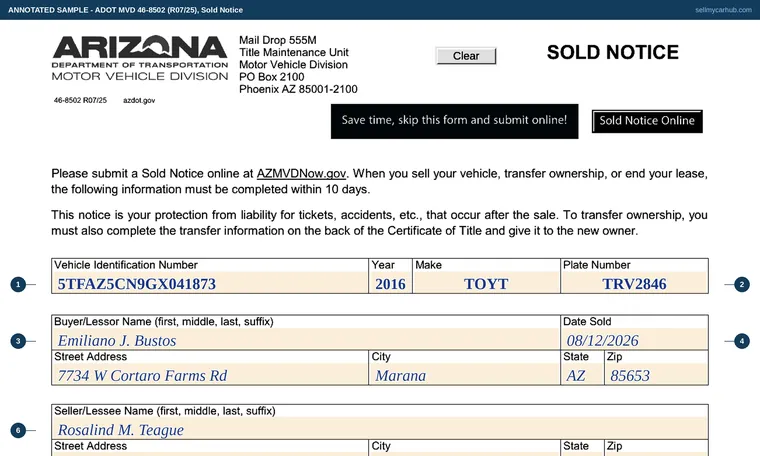 Top of our filled-in example of Arizona 46-8502, Sold Notice