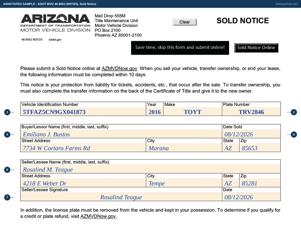 The Arizona Sold Notice, form 46-8502, completed for a 2016 Toyota Tacoma with plate TRV2846, the buyer Emiliano J. Bustos of Marana, a date sold of 08/12/2026, the seller Rosalind M. Teague of Tempe, and the seller's signature and date at the foot.