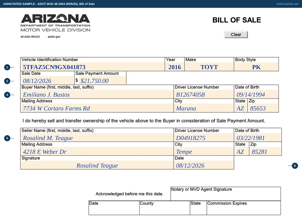 The Arizona Bill of Sale, form 48-2004, completed for a 2016 Toyota Tacoma with a sale date of 08/12/2026 and a payment of 21,750 dollars, the buyer Emiliano J. Bustos with a Marana address and date of birth, the seller Rosalind M. Teague with a Tempe address, and the seller's date beside a signature line, with the notary or MVD agent acknowledgement panel at the foot shaded grey.