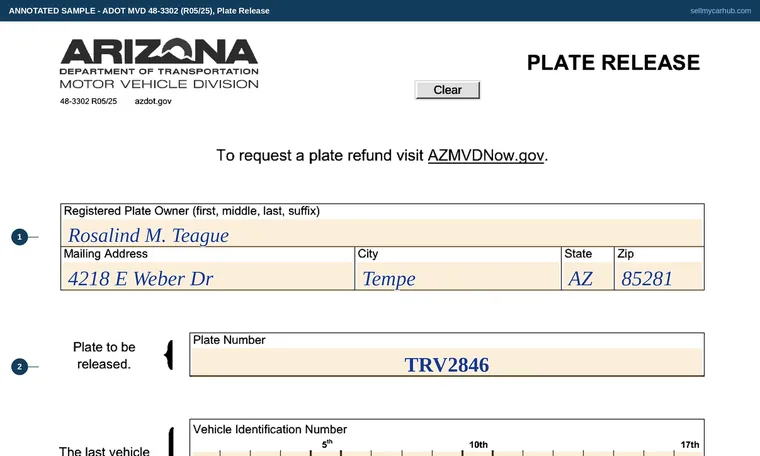 Top of our filled-in example of Arizona 48-3302, Plate Release