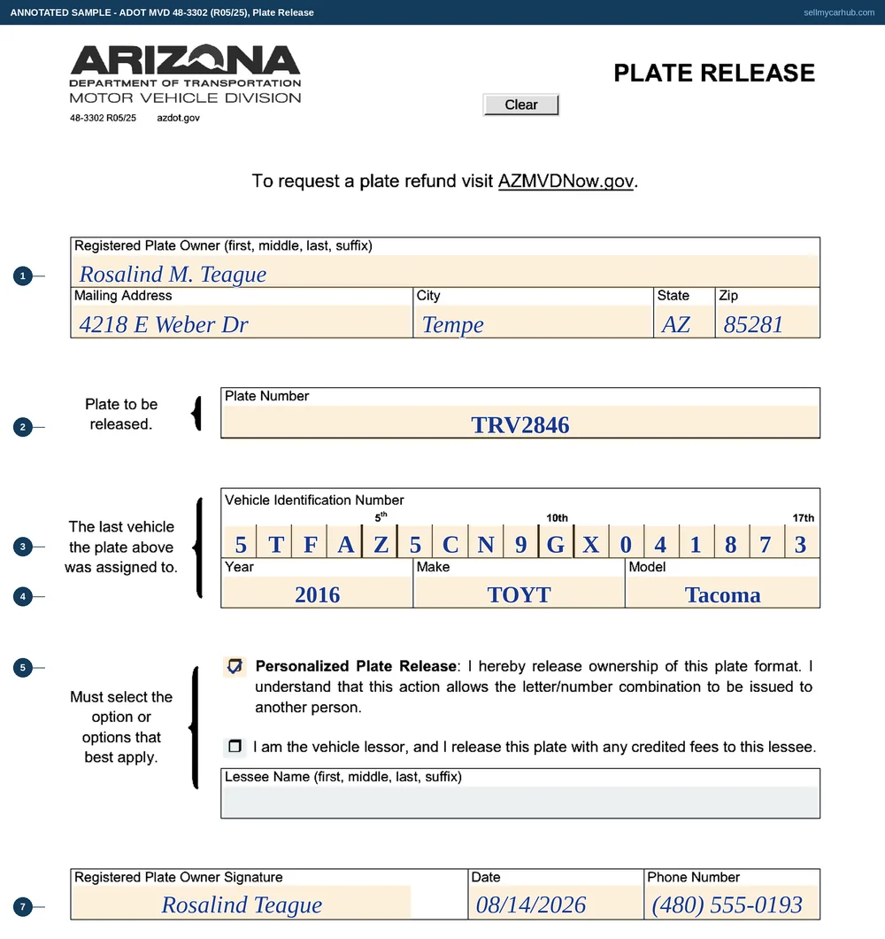 The Arizona Plate Release, form 48-3302, completed by Rosalind M. Teague of Tempe releasing plate TRV2846 from a 2016 Toyota Tacoma, with the vehicle identification number entered one character per box, the personalised plate release box ticked, the lessor section left blank, and a signature, date of 08/14/2026 and phone number at the foot.