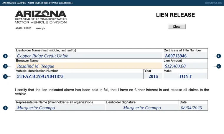Top of our filled-in example of Arizona 48-9901, Lien Release