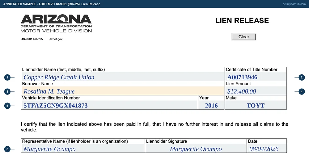 The Arizona Lien Release, form 48-9901, completed by Copper Ridge Credit Union releasing a lien of 12,400 dollars against a 2016 Toyota Tacoma held in the name of Rosalind M. Teague, with the certificate of title number, the vehicle identification number, year and make filled in, and a representative name, signature and date of 08/04/2026 at the foot.