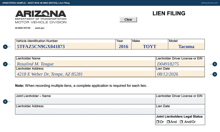 Top of our filled-in example of Arizona 48-9902, Lien Filing