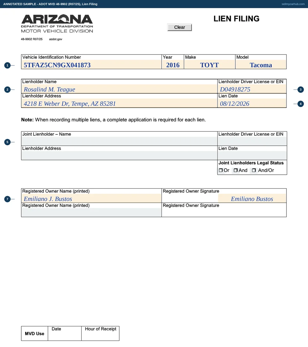 The Arizona Lien Filing, form 48-9902, recording Rosalind M. Teague as lienholder against a 2016 Toyota Tacoma now owned by Emiliano J. Bustos, with the lienholder driver licence number, a Tempe address and a lien date of 08/12/2026, the joint lienholder block left blank, and the registered owner's printed name and signature at the foot.