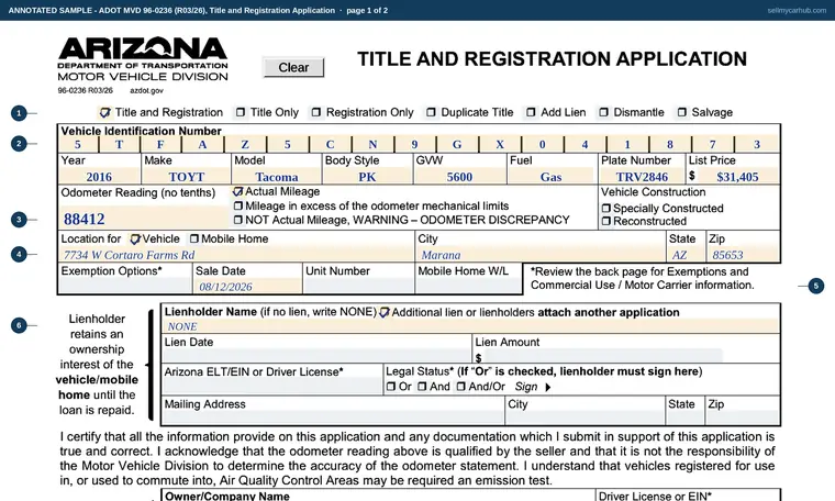 Top of page 1 of our filled-in example of Arizona 96-0236, Title and Registration Application