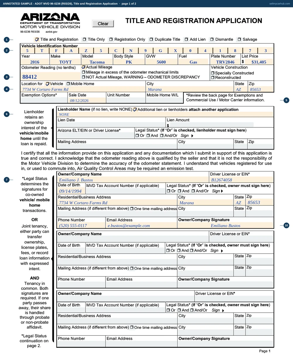 The Arizona Title and Registration Application, form 96-0236, completed for a 2016 Toyota Tacoma: the Title and Registration box ticked at the top, the VIN and vehicle details filled in, an odometer reading of 88,412 with Actual Mileage marked, the location shown as Marana, a sale date of 08/12/2026, NONE written for the lienholder, and the first owner block completed for Emiliano J. Bustos with a Pima County address, phone, email and signature.