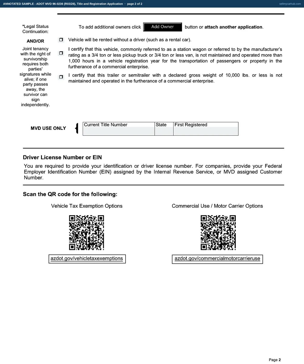 The Arizona Title and Registration Application, form 96-0236, completed for a 2016 Toyota Tacoma: the Title and Registration box ticked at the top, the VIN and vehicle details filled in, an odometer reading of 88,412 with Actual Mileage marked, the location shown as Marana, a sale date of 08/12/2026, NONE written for the lienholder, and the first owner block completed for Emiliano J. Bustos with a Pima County address, phone, email and signature.