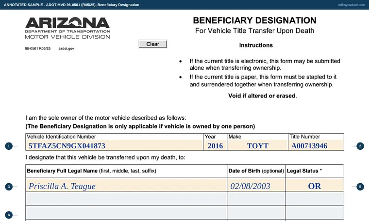Top of our filled-in example of Arizona 96-0561, Beneficiary Designation