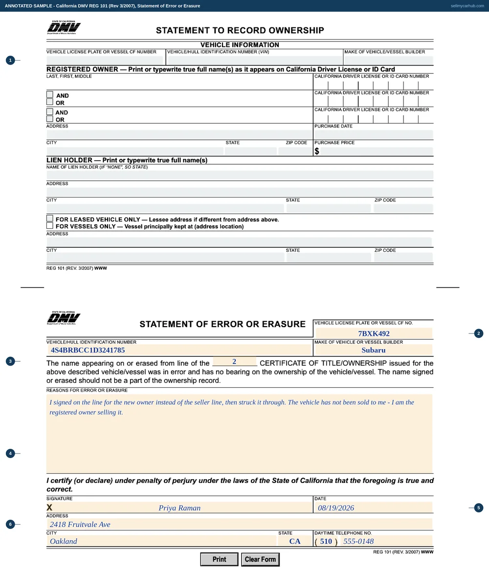 The lower half of the California REG 101 filled in as a statement of error or erasure: line 2 of the certificate named, a plain explanation of signing on the buyer's line by mistake, and Priya Raman signed and dated with an Oakland address.
