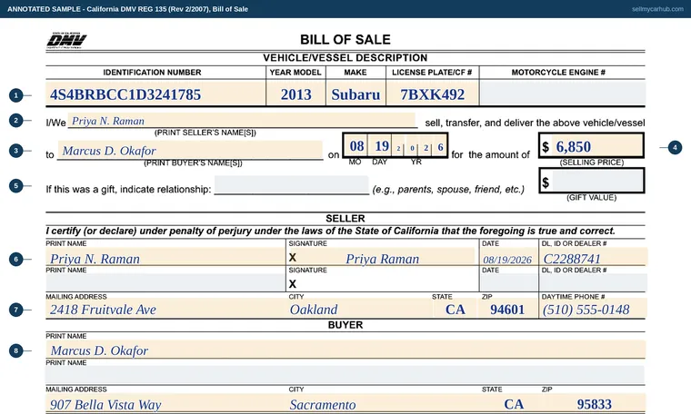 Top of our filled-in example of California REG 135, Bill of Sale