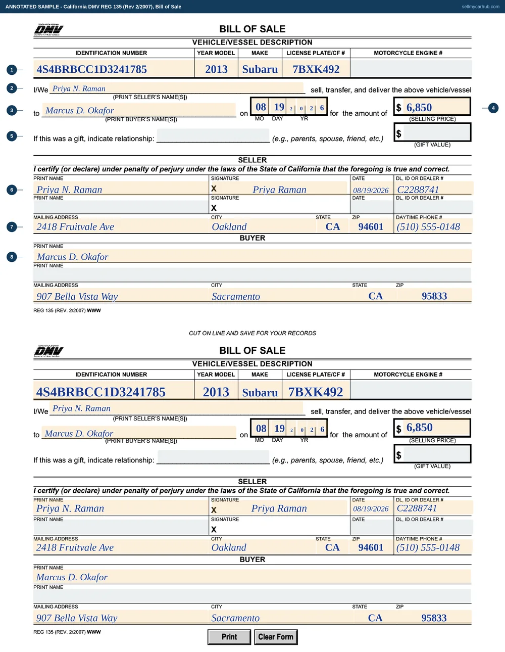 The California REG 135 bill of sale filled in on both halves of the sheet: a 2013 Subaru Outback, VIN and plate written one character per printed box, $6,850 on 19 August 2026, seller Priya N. Raman of Oakland signed and dated, buyer Marcus D. Okafor of Sacramento printed below.