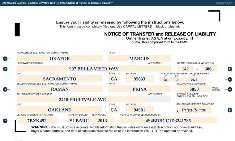 Top of our filled-in example of California REG 138, Notice of Transfer and Release of Liability