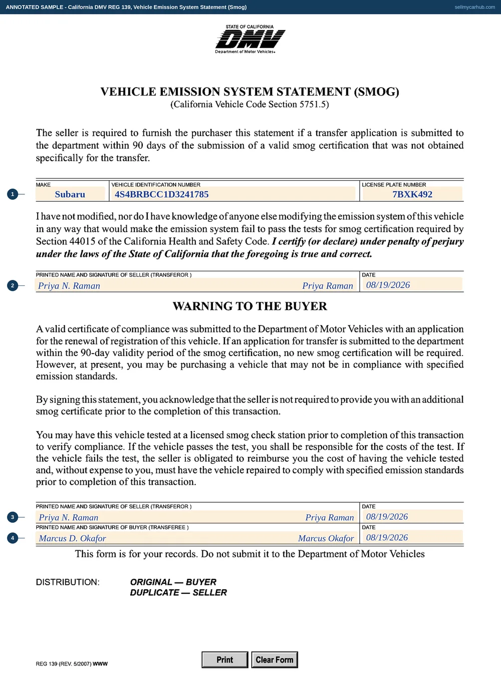The California REG 139 emission system statement filled in: a 2013 Subaru Outback with VIN and plate, Priya N. Raman printed and signed twice with the date, and buyer Marcus D. Okafor printed and signed below the warning to the buyer.