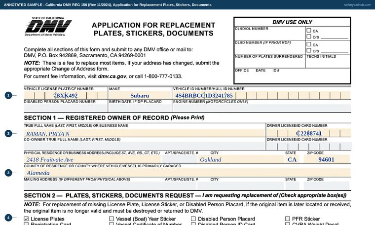 Top of our filled-in example of California REG 156, Application for Replacement Plates, Stickers, Documents