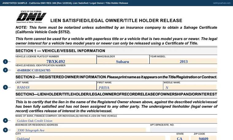 Top of our filled-in example of California REG 166, Lien Satisfied / Legal Owner / Title Holder Release
