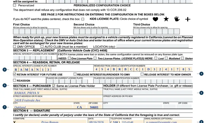 Part of our filled-in example of California REG 17, Special Interest or Environmental License Plate (ELP) Application, showing the filled-in entries