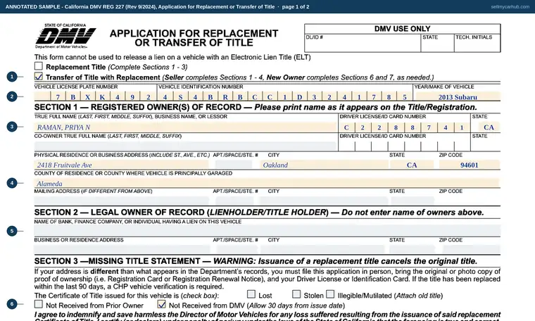 Top of page 1 of our filled-in example of California REG 227, Application for Replacement or Transfer of Title