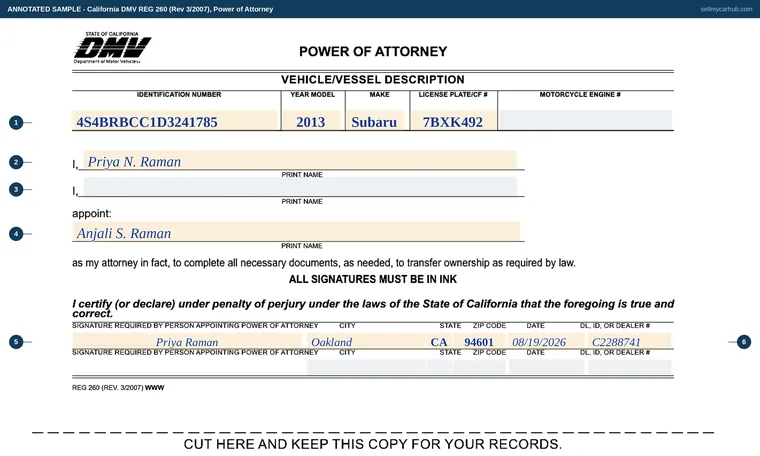 Top of our filled-in example of California REG 260, Power of Attorney