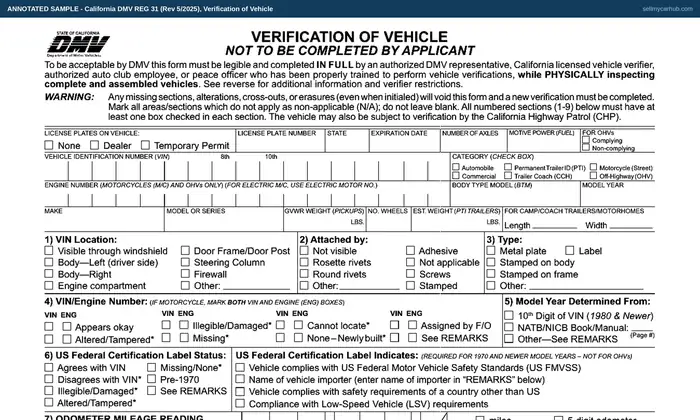 Top of our filled-in example of California REG 31, Verification of Vehicle