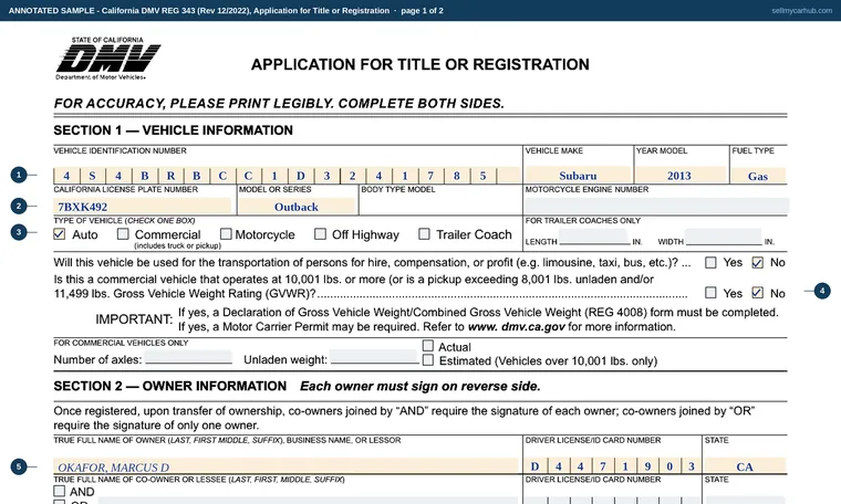 Top of page 1 of our filled-in example of California REG 343, Application for Title or Registration
