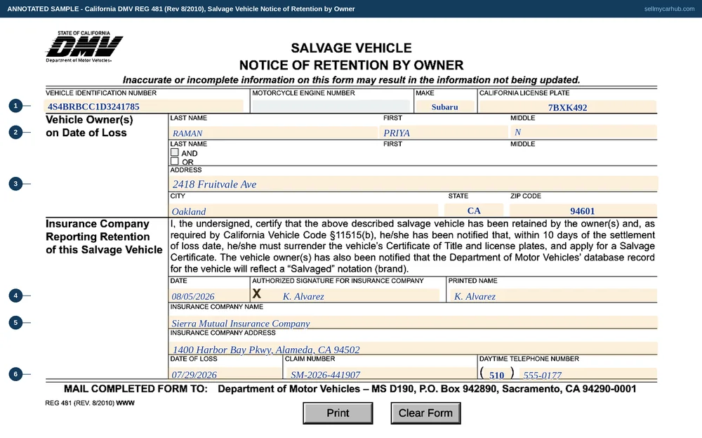 The California REG 481 filled in by an insurer: a 2013 Subaru Outback, Priya N. Raman named as the owner on the date of loss, Sierra Mutual Insurance Company certifying the retention with a claim number and a date of loss of 29 July 2026.