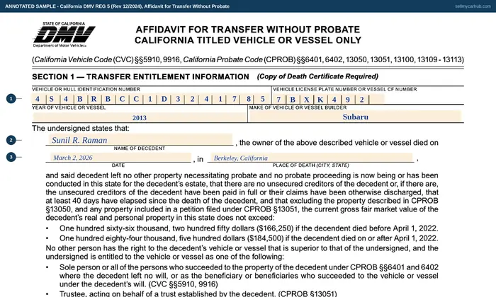 Top of our filled-in example of California REG 5, Affidavit for Transfer Without Probate, California Titled Vehicle or Vessel Only