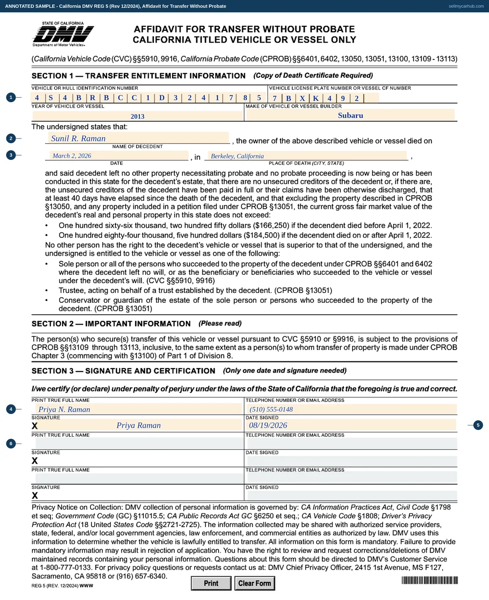 The California REG 5 affidavit filled in: VIN and plate written one character per printed box, a 2013 Subaru Outback, decedent Sunil R. Raman who died in Berkeley on 2 March 2026, and Priya N. Raman signed and dated as the person entitled to the vehicle.