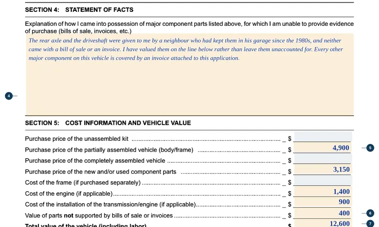 Part of page 1 of our filled-in example of California REG 5036, Statement of Construction, showing the filled-in entries