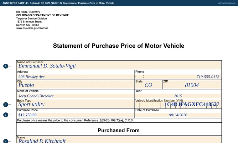 Top of our filled-in example of Colorado DR 0070, Statement of Purchase Price of Motor Vehicle