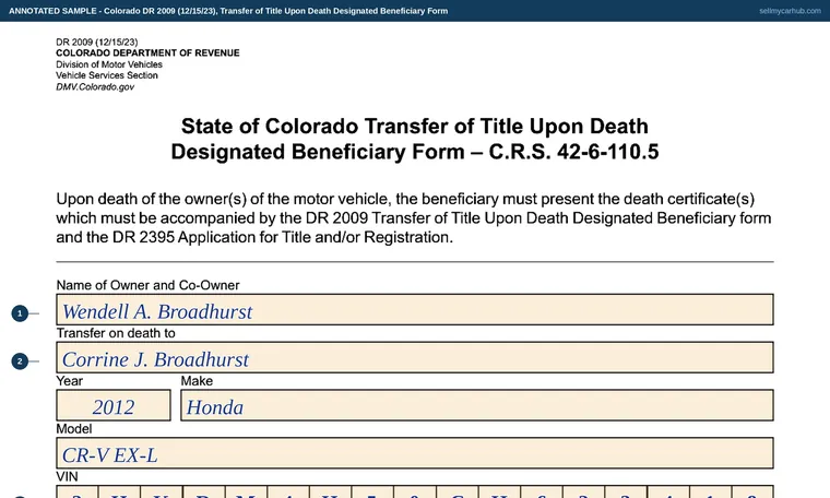 Top of our filled-in example of Colorado DR 2009, Transfer of Title Upon Death Designated Beneficiary Form