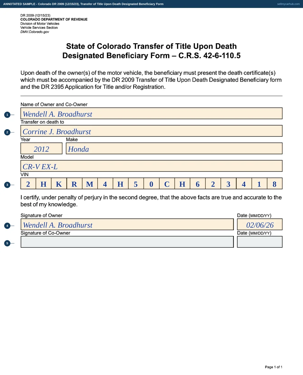 Colorado form DR 2009 filled in: Wendell A. Broadhurst of Alamosa designating Corrine J. Broadhurst as the beneficiary of a 2012 Honda CR-V, vehicle identification number 2HKRM4H50CH623418, signed and dated 6 February 2026, with the co-owner row left empty.