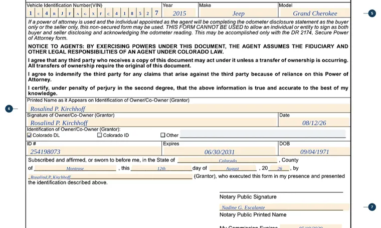 Part of our filled-in example of Colorado DR 2175, Power of Attorney for Motor Vehicle Only, showing the filled-in entries