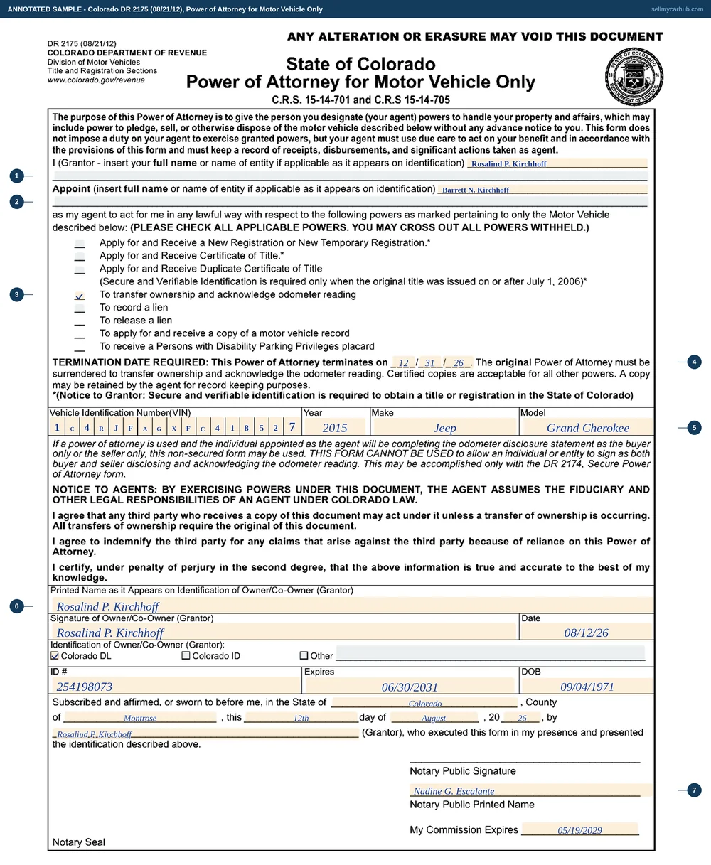 Colorado form DR 2175 filled in: Rosalind P. Kirchhoff of Montrose appointing Barrett N. Kirchhoff as her agent for a 2015 Jeep Grand Cherokee, vehicle identification number 1C4RJFAGXFC418527, with the power to transfer ownership and acknowledge odometer reading ticked, a termination date of 31 December 2026, her Colorado driver licence recorded, and a notarial block completed in Montrose County by notary Nadine G. Escalante.