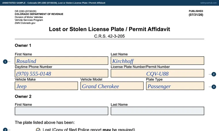 Top of our filled-in example of Colorado DR 2283, Lost or Stolen License Plate / Permit Affidavit