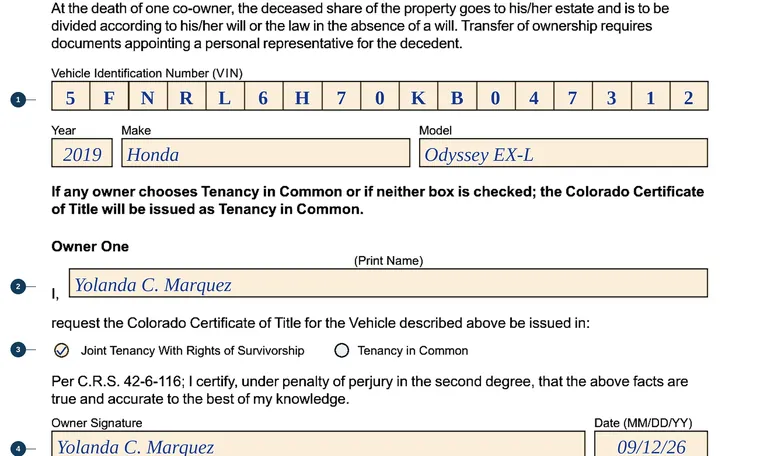 Part of page 1 of our filled-in example of Colorado DR 2383, Joint Tenancy with Rights of Survivorship Acknowledgment of Intent, showing the filled-in entries