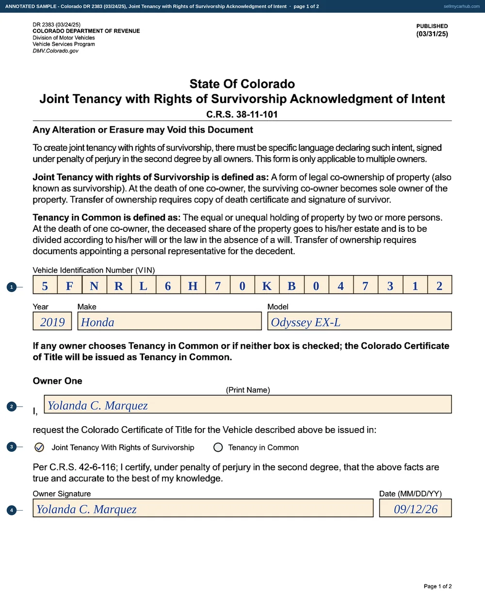 Both pages of Colorado form DR 2383 filled in: a 2019 Honda Odyssey, vehicle identification number 5FNRL6H70KB047312, with Yolanda C. Marquez as Owner One and Estefan R. Marquez as Owner Two, both ticking Joint Tenancy With Rights of Survivorship and both signing on 12 September 2026, with the Owner Three and Owner Four blocks left empty.