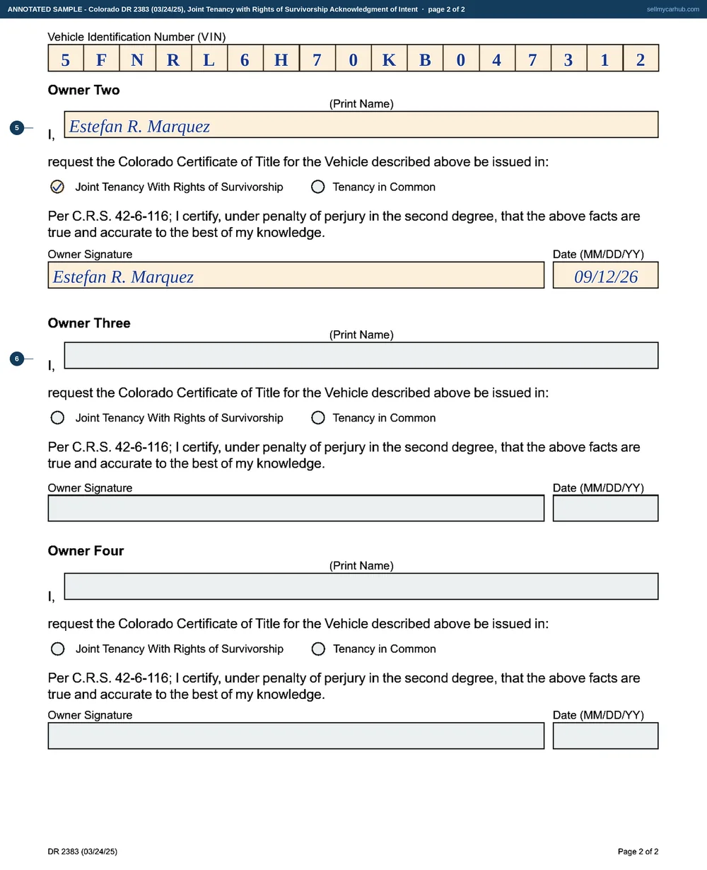 Both pages of Colorado form DR 2383 filled in: a 2019 Honda Odyssey, vehicle identification number 5FNRL6H70KB047312, with Yolanda C. Marquez as Owner One and Estefan R. Marquez as Owner Two, both ticking Joint Tenancy With Rights of Survivorship and both signing on 12 September 2026, with the Owner Three and Owner Four blocks left empty.